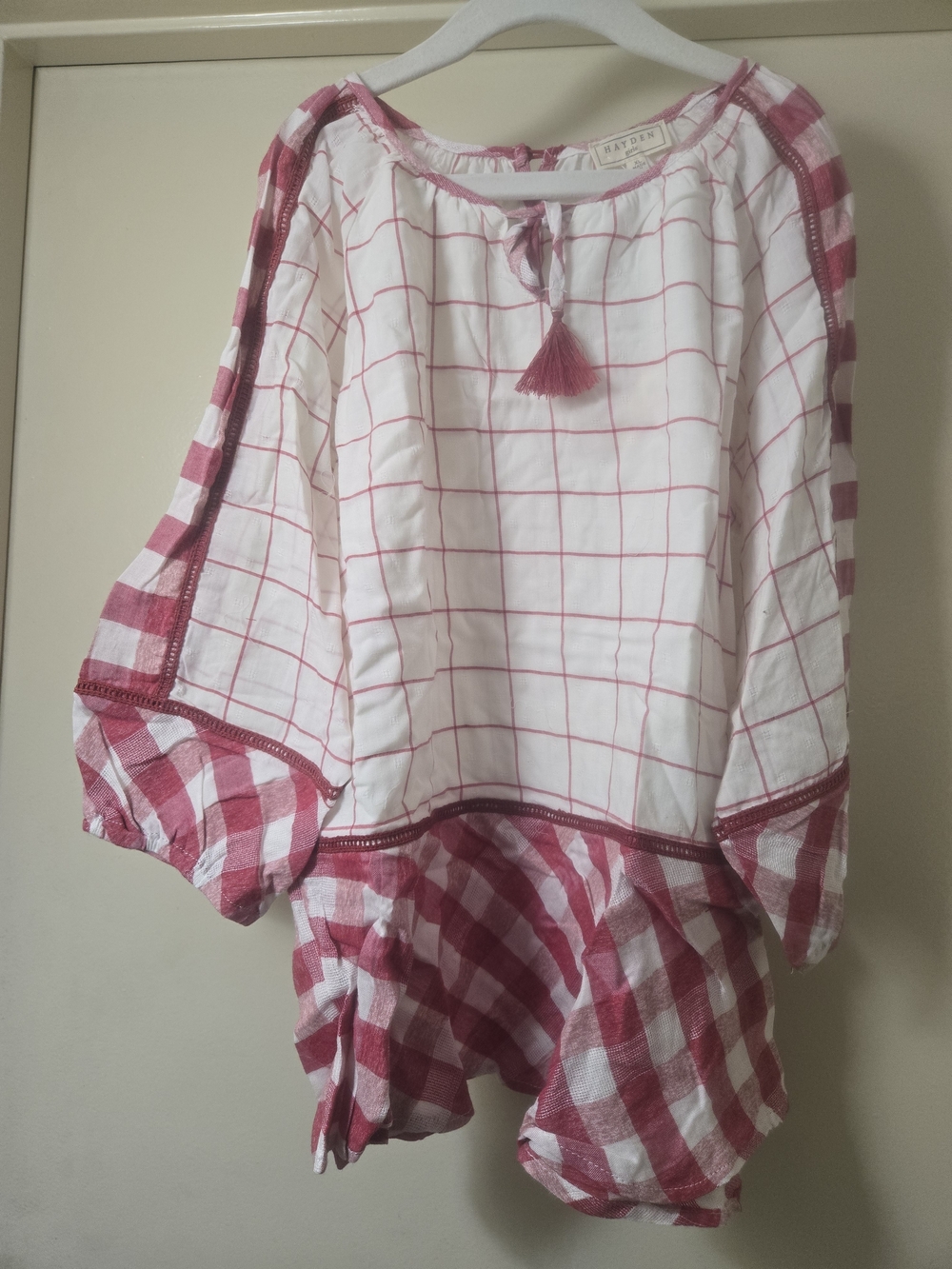Hayden Girls White and Red Check Peasant Top with Tassel